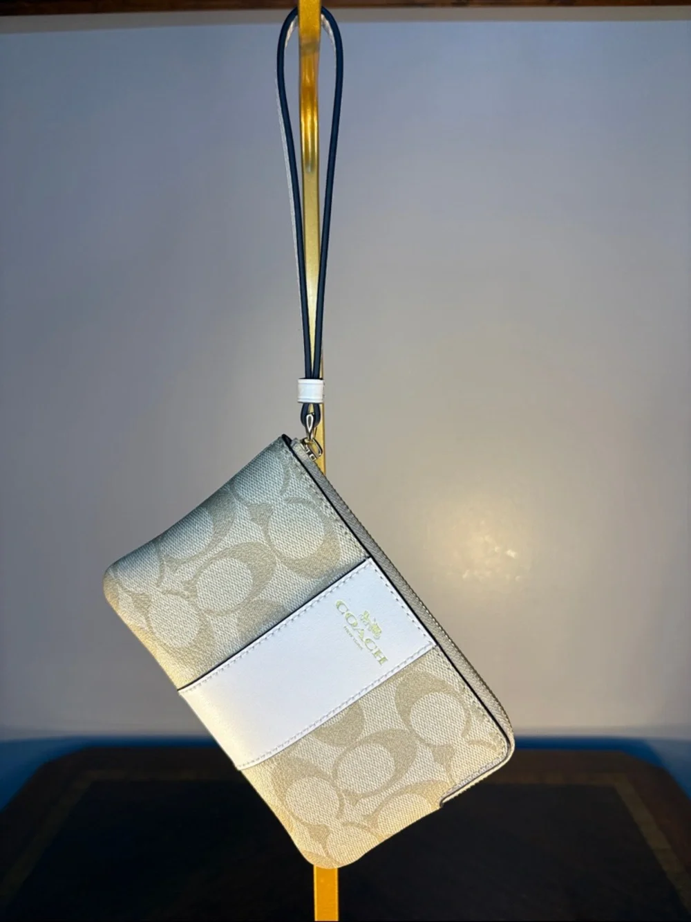 Coach Beige & White Signature Wristlet with Gold Logo